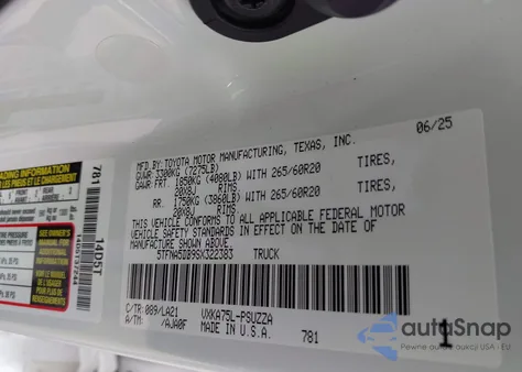 2025 Toyota Tundra Platinum 4Wd из США, поврежденный, VIN 5TFNA5DB9SX322383